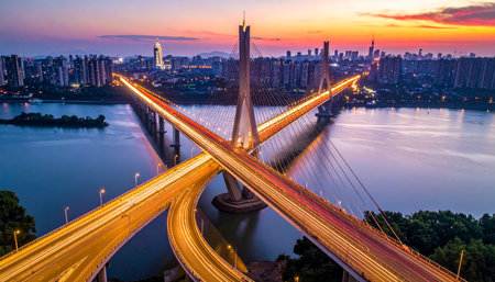 Aerial view of Bhumibol Bridge in Bangkok at sunset, Thailandの素材