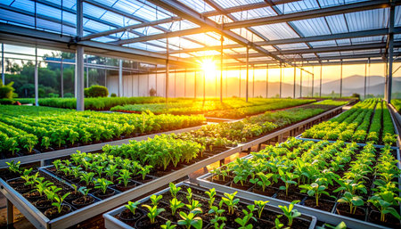Vegetable seedlings growing in a greenhouse at sunset, stock photoの素材