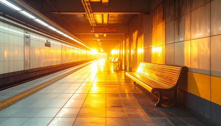 Bench in the subway station at sunset, Luannan, Hebei, Chinaの素材