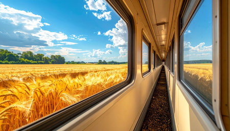 Train moving through wheat field in sunny summer day. Railway transportation.の素材