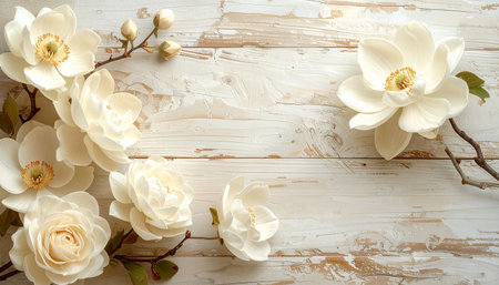 Beautiful magnolia flowers on wooden background, flat lay. Space for textの素材
