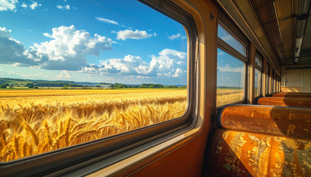 wheat field through the window of an old train on a sunny dayの素材