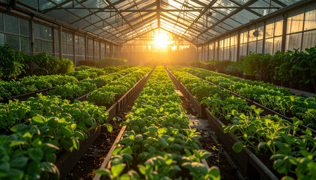 Vegetable seedlings in a greenhouse at sunset, agricultural backgroundの素材