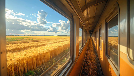 The train passes through the wheat field on a sunny summer day.の素材
