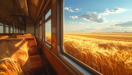 wheat field and train at sunset, panoramic view from the windowの素材