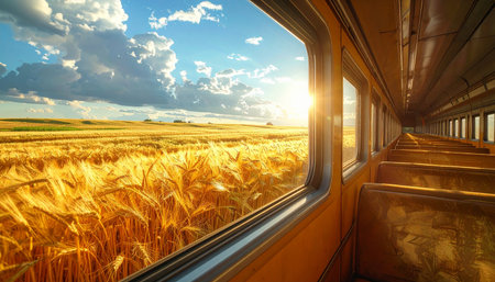 Train through wheat field at sunset. 3D illustration. Vintage style.の素材