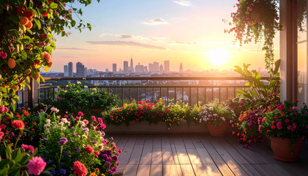 Beautiful view of the city from the balcony with flowers at sunsetの素材