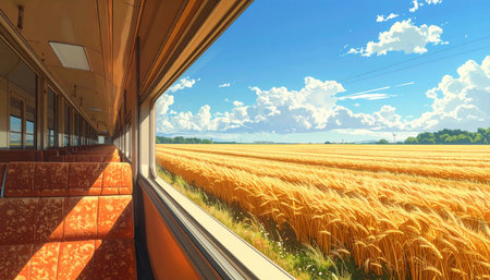 The train moves through the wheat field. 3d render. Illustration.の素材