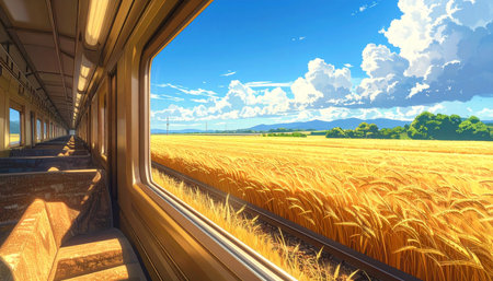 Railway through the wheat field. 3D rendering. Computer digital drawing.の素材