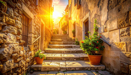 Beautiful view of the narrow street in the old city of Rhodes, Greeceの素材