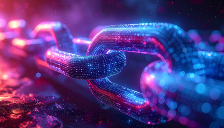 3d illustration of abstract metal chain with glowing particles, connection conceptの素材