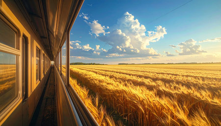 railway through the wheat field at sunset, panoramic viewの素材