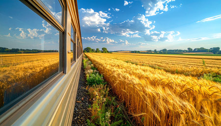 The train moves through the wheat field on a sunny summer day.の素材