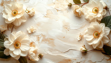 Beautiful white flowers on textured background, flat lay. Space for textの素材