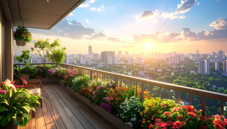 balcony with flower pots and cityscape at sunset in Shenzhen,Chinaの素材