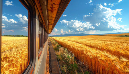 Train passing through golden wheat field on a sunny summer day, Russiaの素材