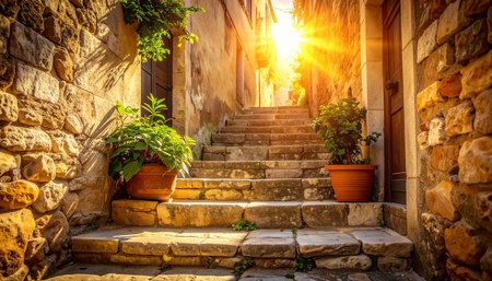 Old stone stairs in a picturesque village at sunset, Greece.の素材