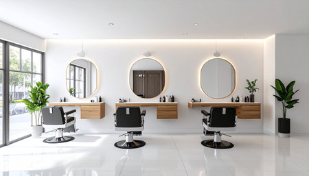 Interior of modern barber shop with white walls, tiled floor, comfortable black armchairs and round mirror. 3d renderingの素材