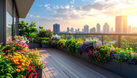 Beautiful balcony with flower garden and cityscape background at sunset.の素材