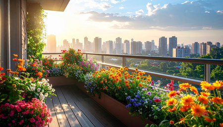 beautiful balcony with flowers and cityscape of Shenzhen,Chinaの素材