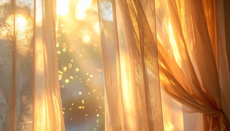 Curtain with sunlight, close up view. Natural light background.の素材