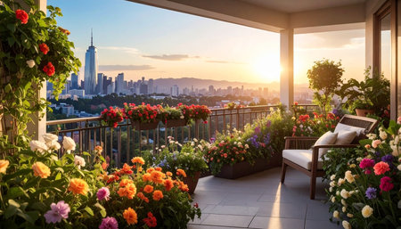 Balcony with flower bed and view of cityscape at sunsetの素材