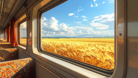 wheat field and blue sky in the train window, travel conceptの素材