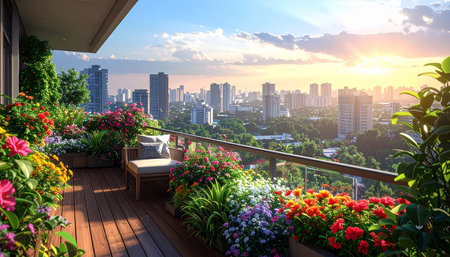 balcony with flower garden at sunset in Bangkok, Thailand.の素材