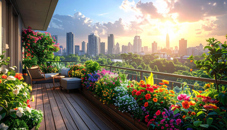 Outdoor terrace with flowers at sunset in Shenzhen,Chinaの素材