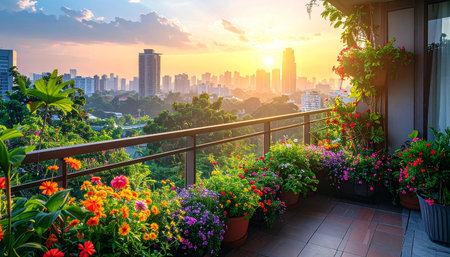 Cityscape of bangkok with flower garden at sunset, Thailand.の素材
