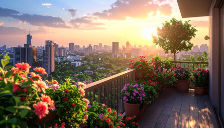 balcony with flowers at sunset in Shenzhen,China.の素材