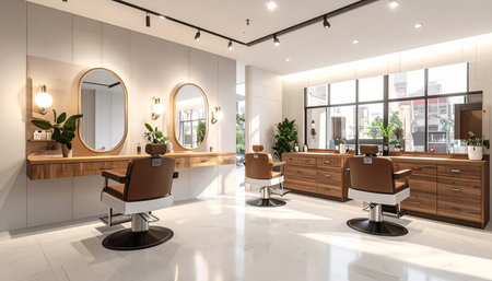 Interior of modern barber shop with white walls, tiled floor and wooden countertops. 3d renderingの素材