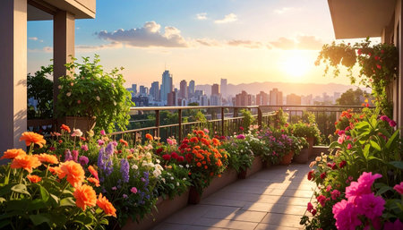 Beautiful view of the city from the terrace at sunset.の素材