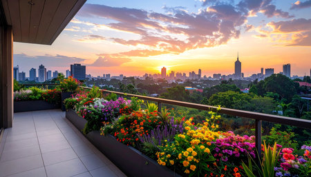 Bangkok cityscape with flower garden at twilight time, Thailand.の素材