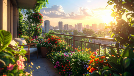 Beautiful balcony with blooming flowers at sunset, Bangkok, Thailandの素材