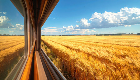 Wheat field and train view from the window. Beautiful summer landscapeの素材