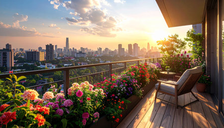 Beautiful balcony with flowers at sunset,Bangkok,Thailandの素材