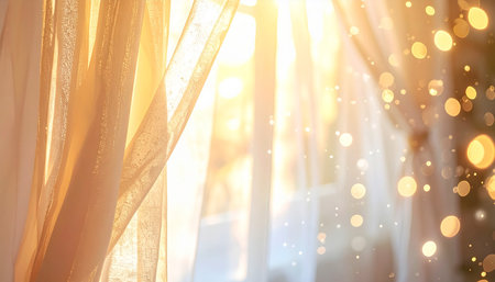 Curtains in the room at sunset with bokeh effectの素材