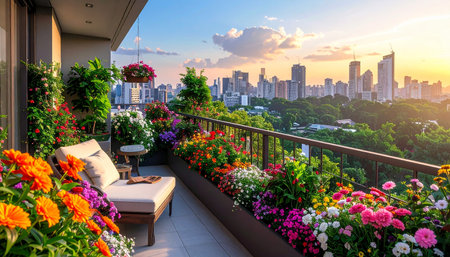Outdoor balcony with flowers at sunset,Bangkok,Thailandの素材