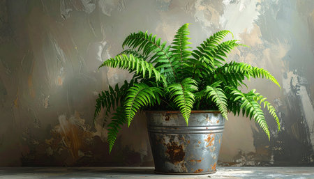 Green fern in a pot on a gray wall background. Copy space.の素材