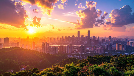 Beautiful landscape and cityscape of hong kong at sunsetの素材