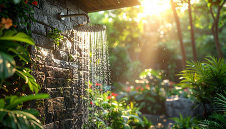 Shower in the garden with sunlight and bokeh background.の素材