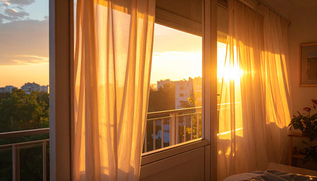 Sunset on the balcony of a house with large windows and curtainsの素材