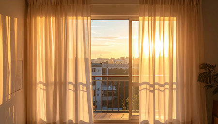 Sunset behind the curtains in a room with a view of the cityの素材