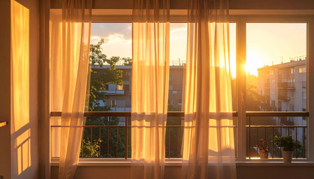 Sunset through the window with yellow curtains in the room at homeの素材