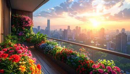 Sunset over the balcony of a modern apartment with beautiful flowers.の素材