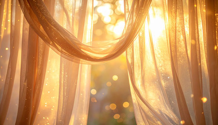 Curtain with golden light bokeh background, close-upの素材