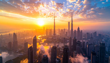 Aerial view of Shanghai Pudong skyline at sunset, Chinaの素材