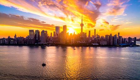 Shanghai Lujiazui Finance and Trade Zone of the modern city skyline at sunsetの素材