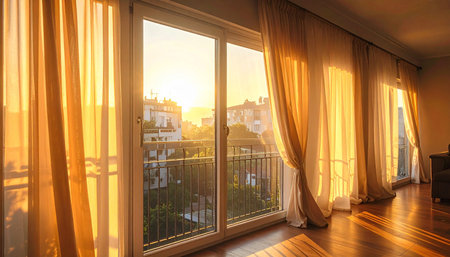 Luxury apartment interior with a window overlooking the city at sunsetの素材